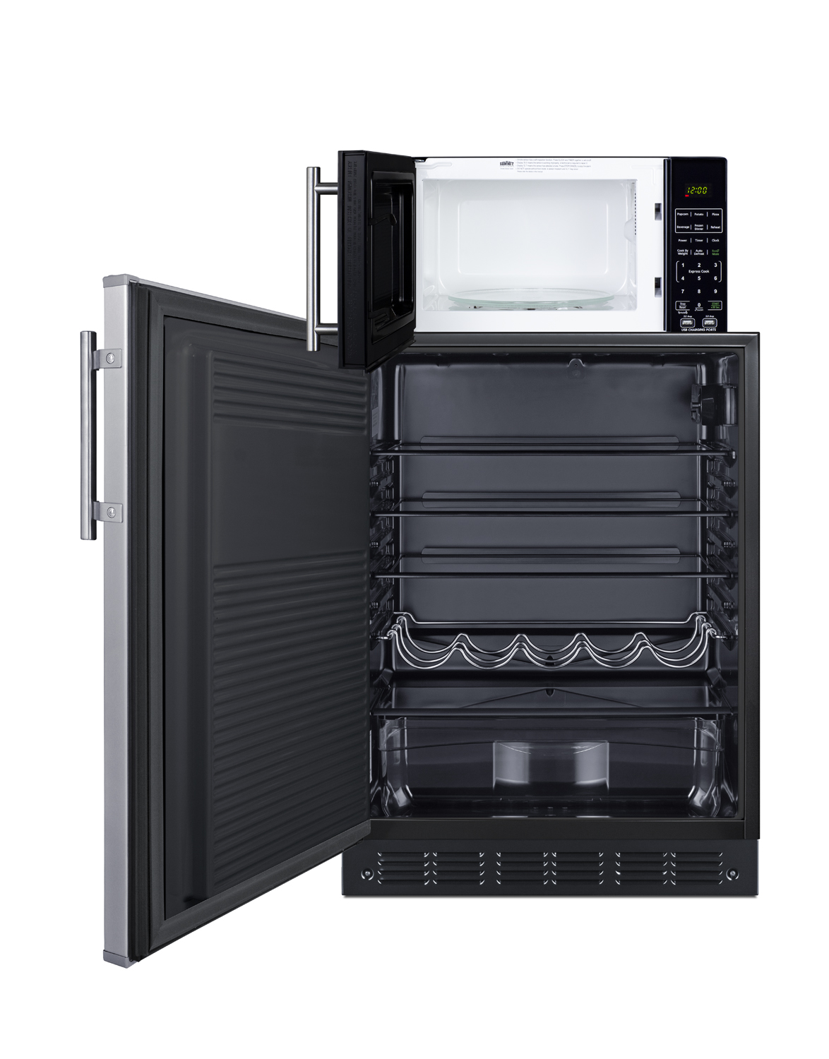 Counter height all-refrigerator with stainless steel door and compact microwave in black with allocator and USB ports for 1-plug operation; ships in three boxes on one pallet